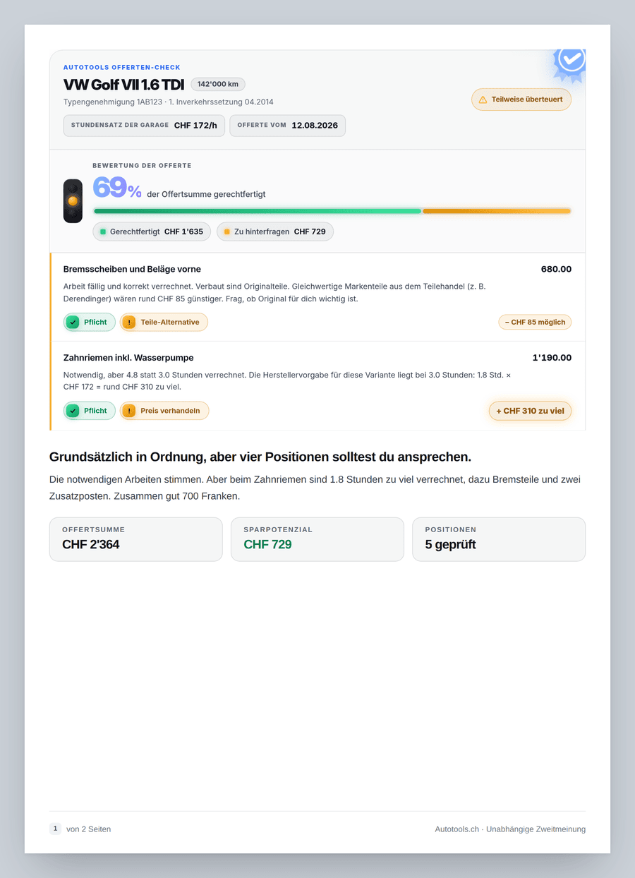 Beispiel eines Autotools Offerten-Check Prüfberichts für eine Garagenofferte als PDF-Seite, mit Ampel-Bewertung und geprüften Positionen