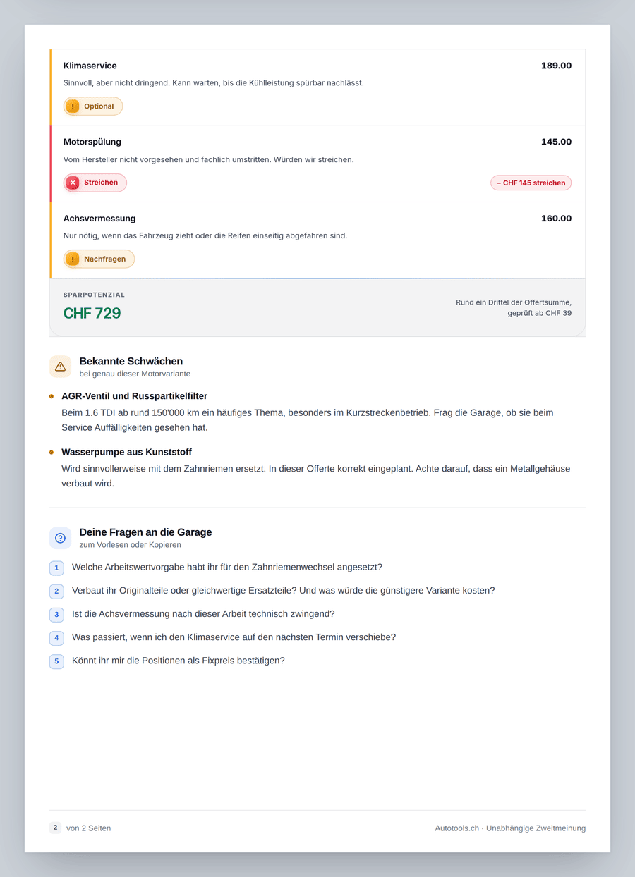 Seite 2 des Beispiel-Rapports: alle geprüften Positionen im Detail und das Sparpotenzial.